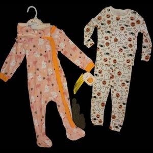 Halloween Ghost & Pumpkin Feeted One-Piece Pajamas for Kids - Pink & White